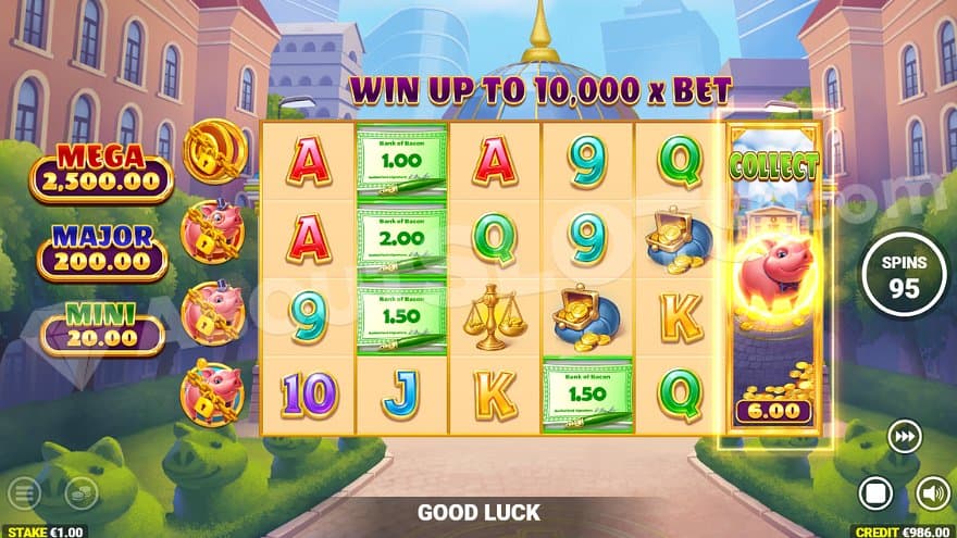 The Collect Symbol on the sixth reel collects €6 from four cash symbols. 