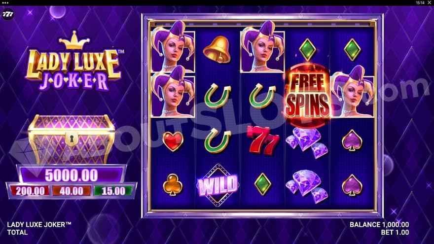 A purple casino slot with jokers and other symbols.