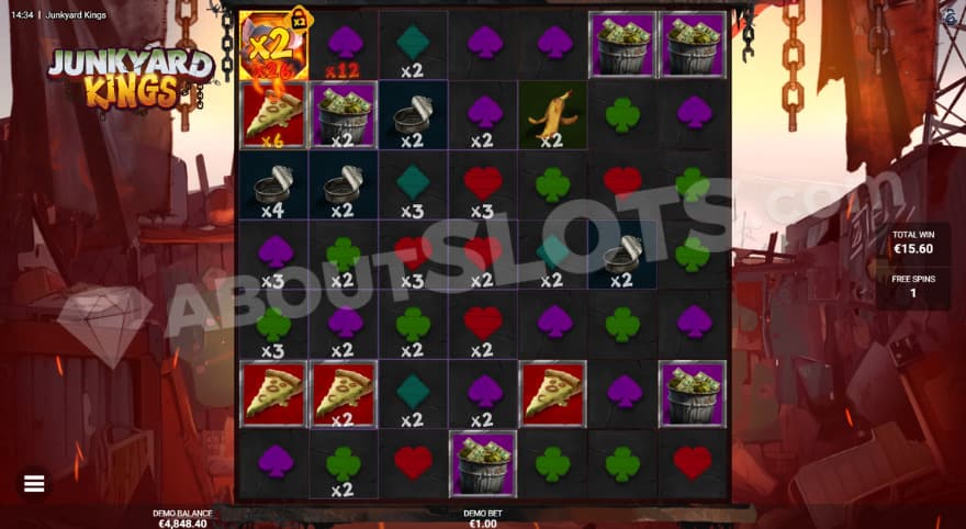 Junkyard scavenger spins feature with a doubling wild symbol on the reels.