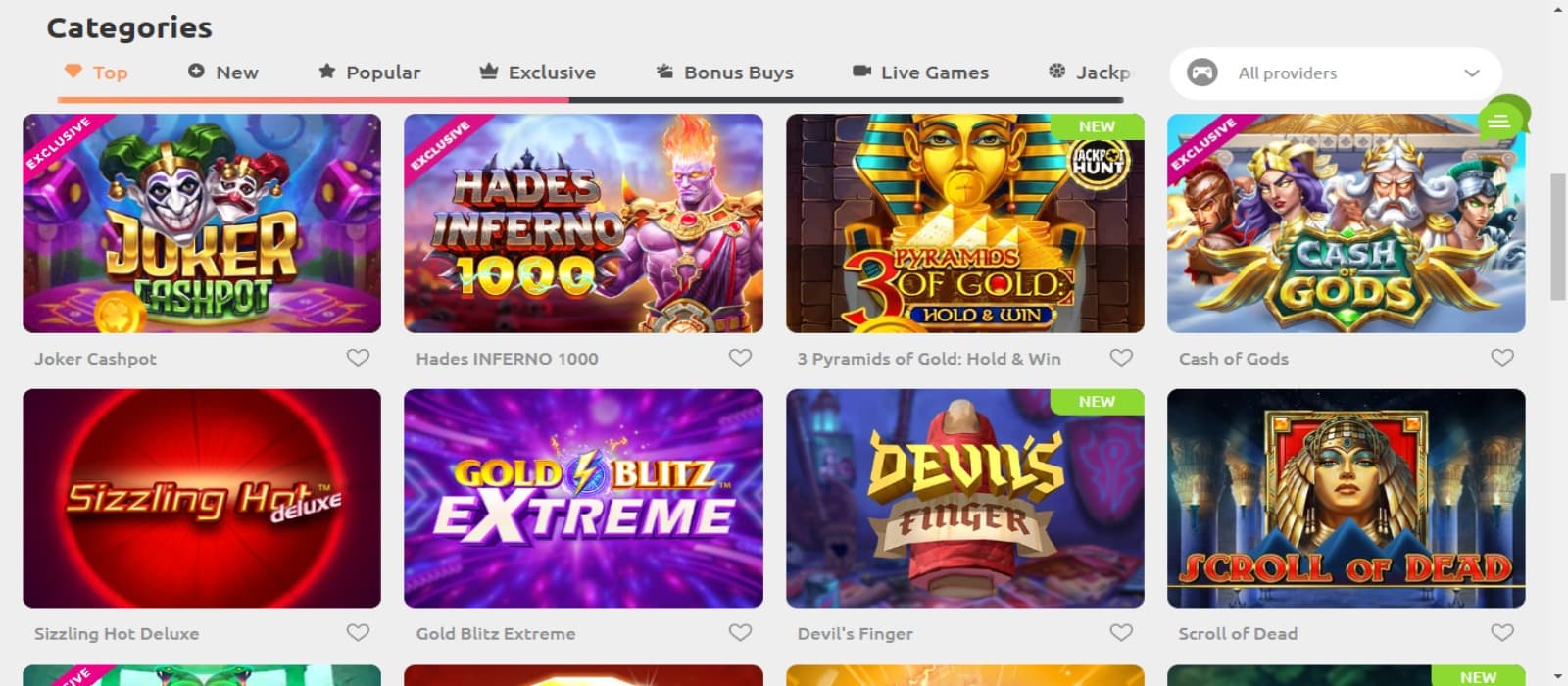 Cadoola Casino games page with the slot game icons and game category filtering menus