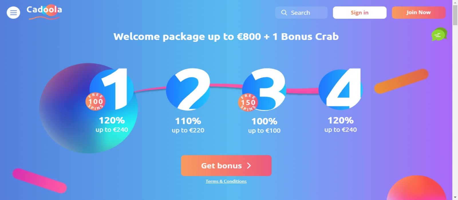 Cadoola Casino landing page with the welcome bonus offer banner in purple and organge and top navigational menus with the casino logo