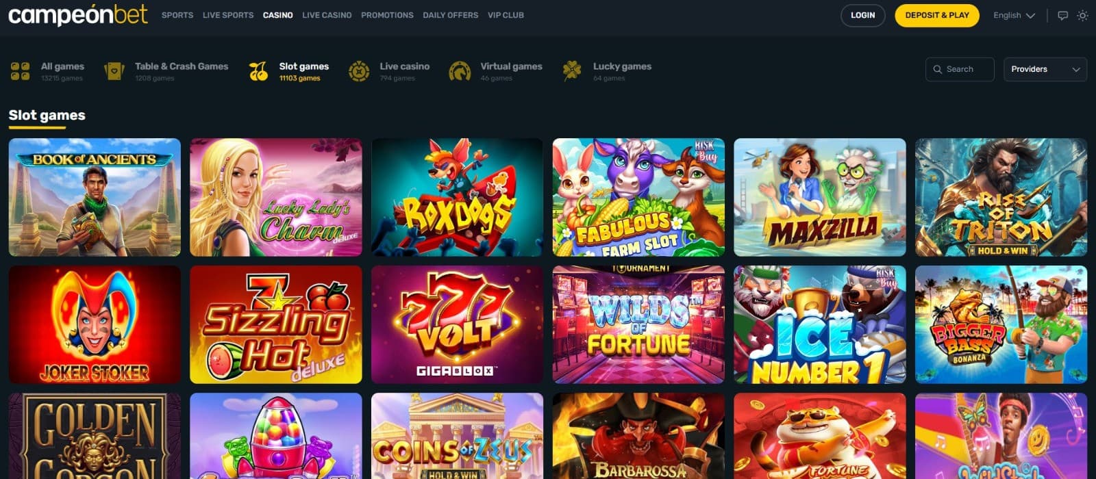 The games page of Campeonbet casino showcases a rich selection of slot games, such as Book of Ancients, RoxDogs, and more.