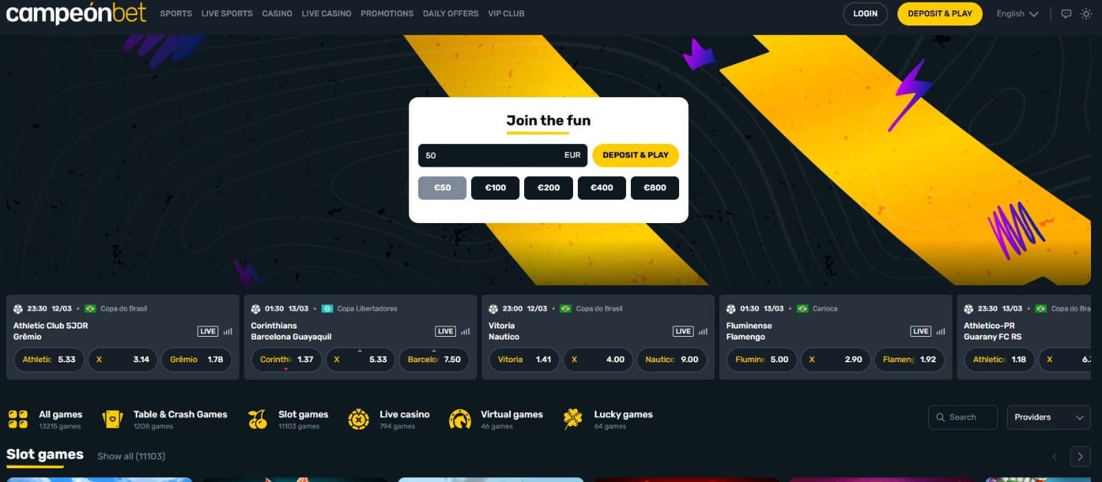 The landing page of Campeonbet Casino presents the option for Pay N Play for its players.