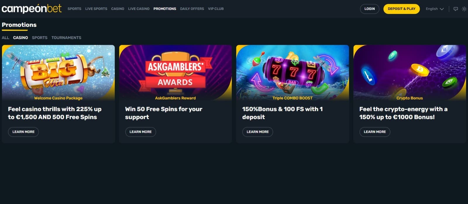 The promotions page of Campeonbet Casino displays various casino bonuses, such as the welcome bonus, crypto bonus, and more.