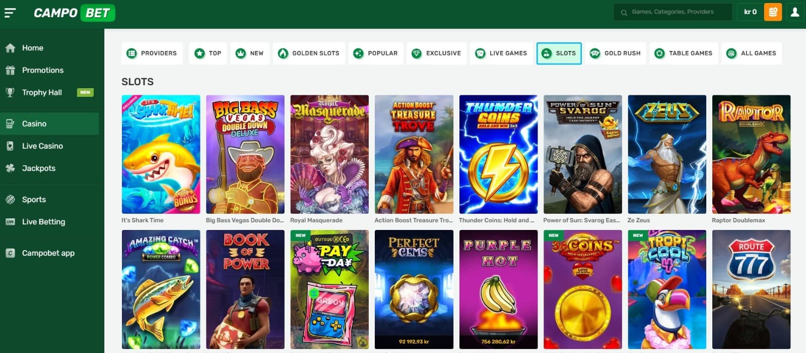 The games page of Campobet Casino displays a rich selection of slot games, such as It’s Shark Time, Royal Masquerade, and more.