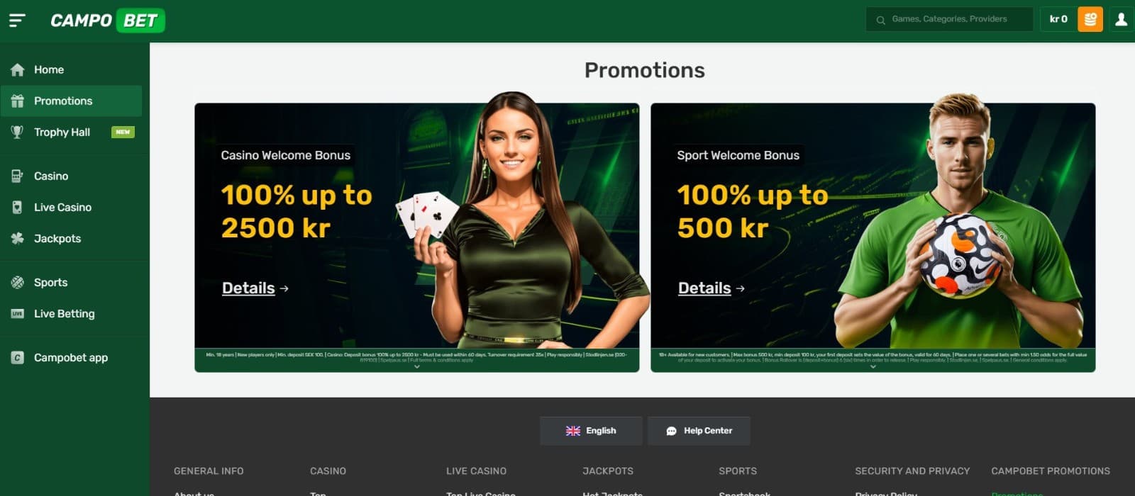 The promotions page of Campobet Casino displays the casino and sports welcome bonuses.