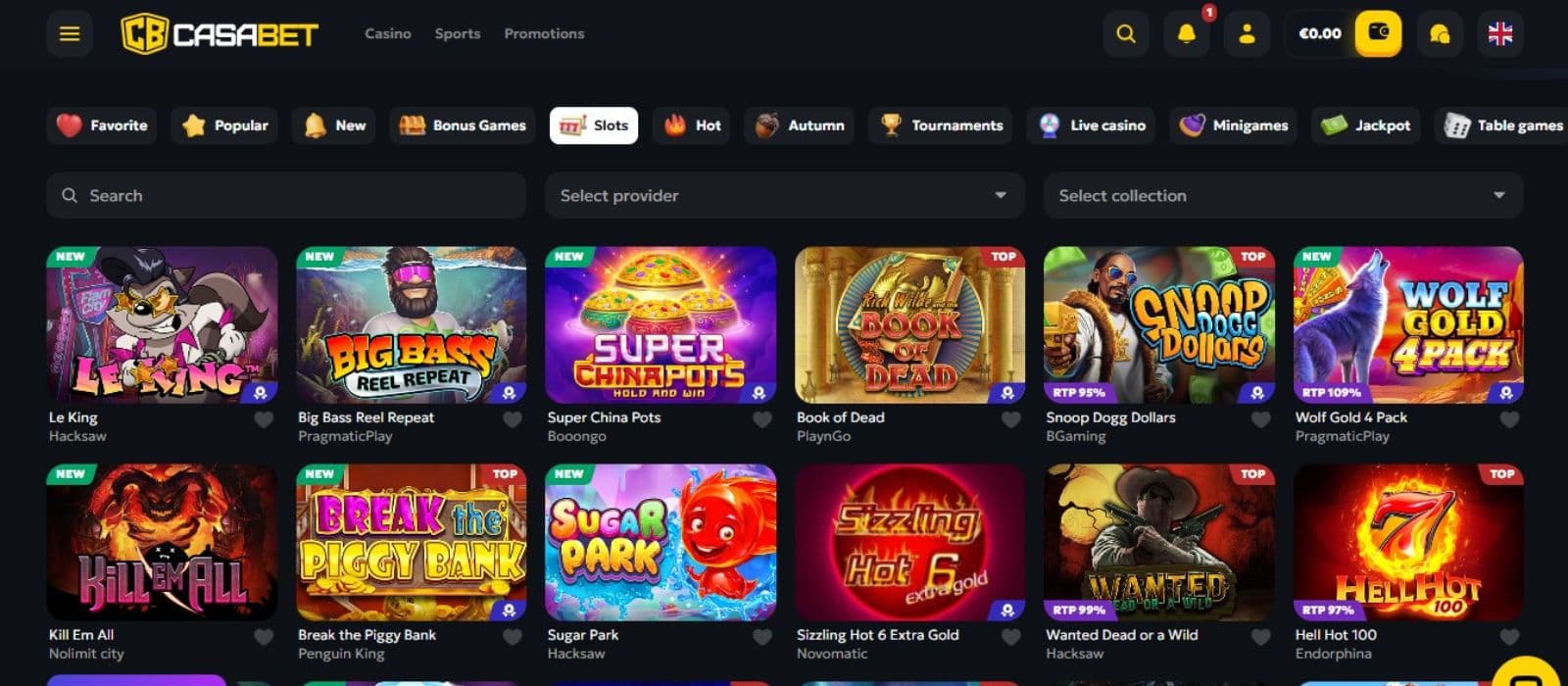 CasaBet Casino's slot games section, showing impressive titles like Le King and other exciting games.