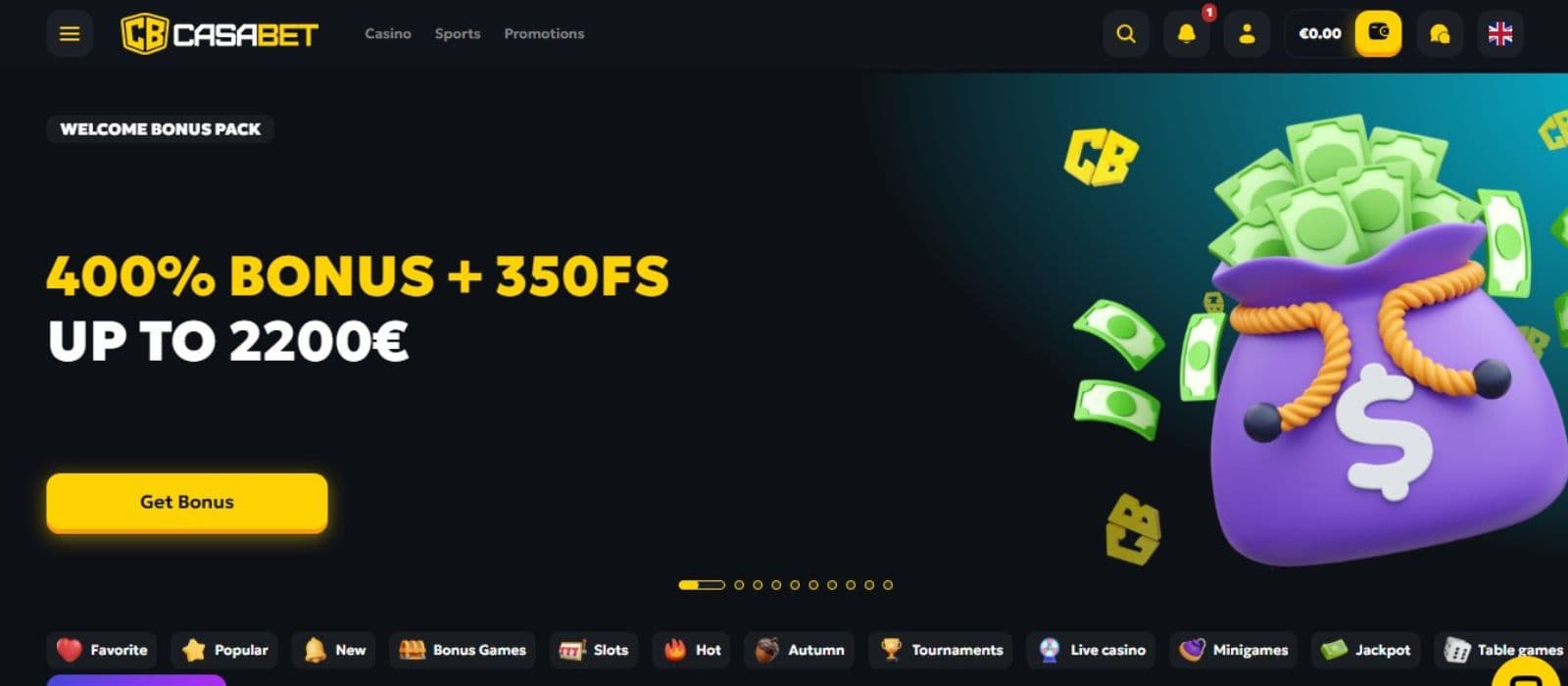 CasaBet Casino's landing page, showing the welcome package.