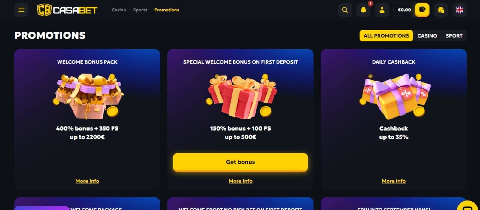 CasaBet Casino's promotions, showing the welcome package and other incredible promotions.