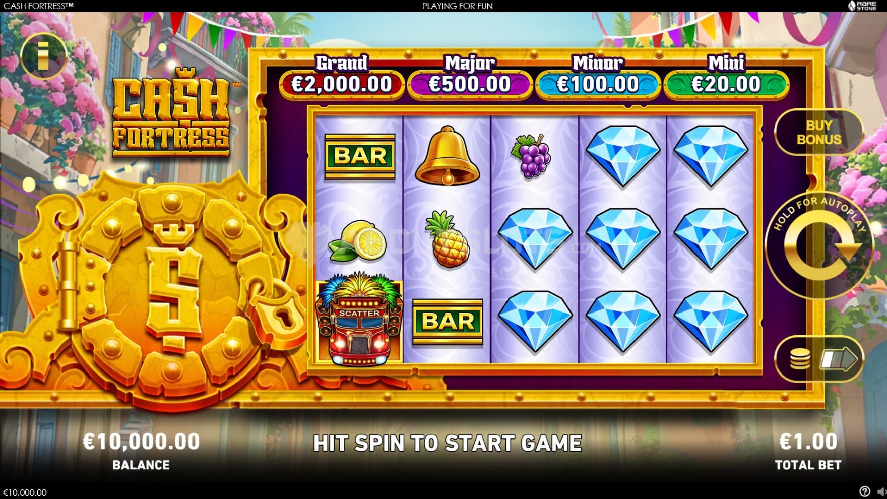 The backdrop features a beautiful Mexican street, while the playing grid is filled with typical casino symbols