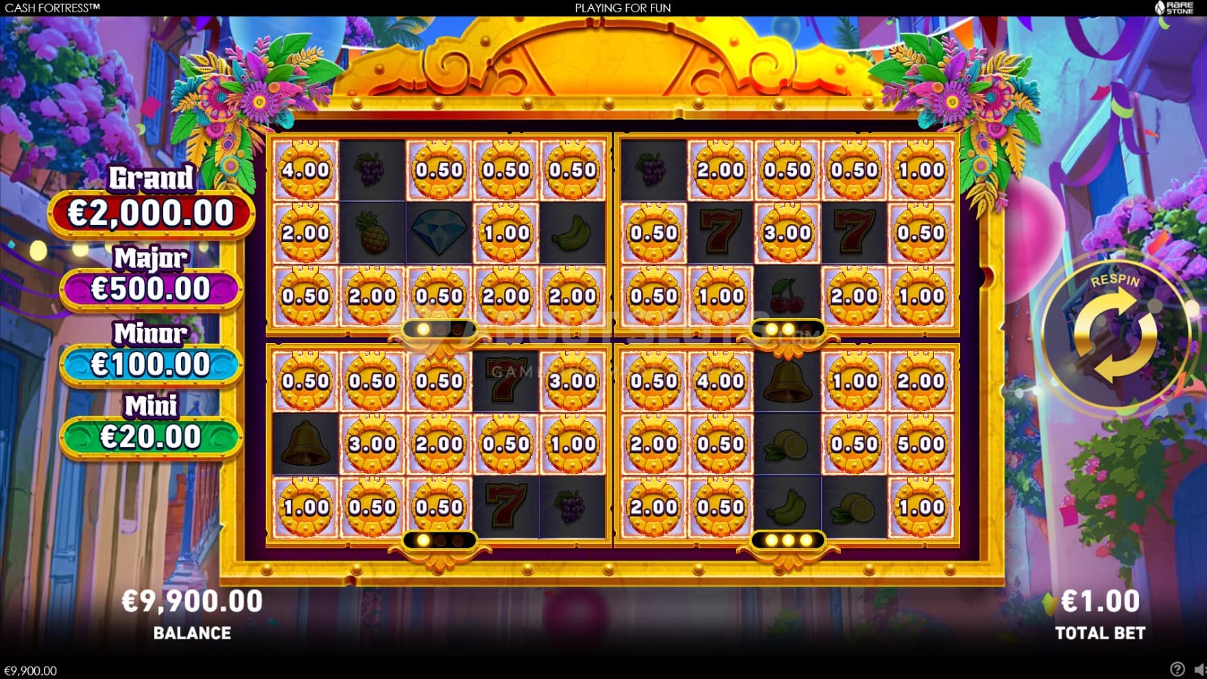 Pictured is the titular Cash Fortress feature with the Quad bonus, having four independant playing grids spinning