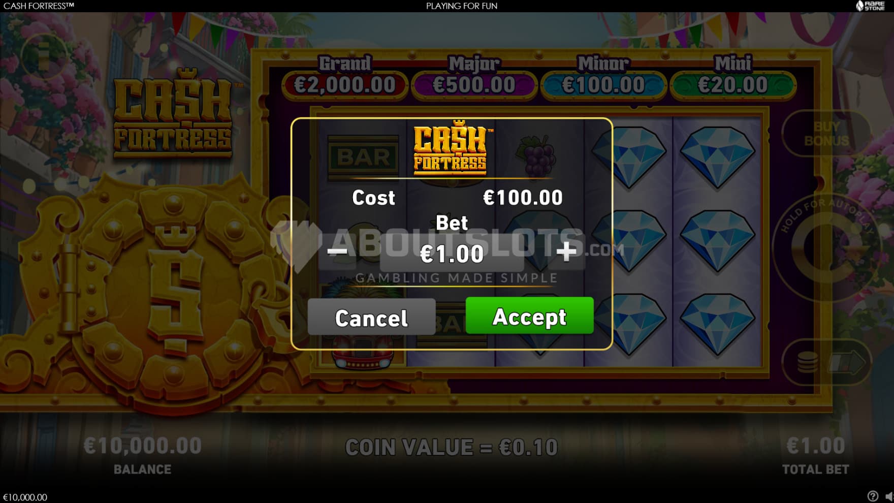 The Feature Buy gives you chances to trigger any of the many Cash Fortress bonus games