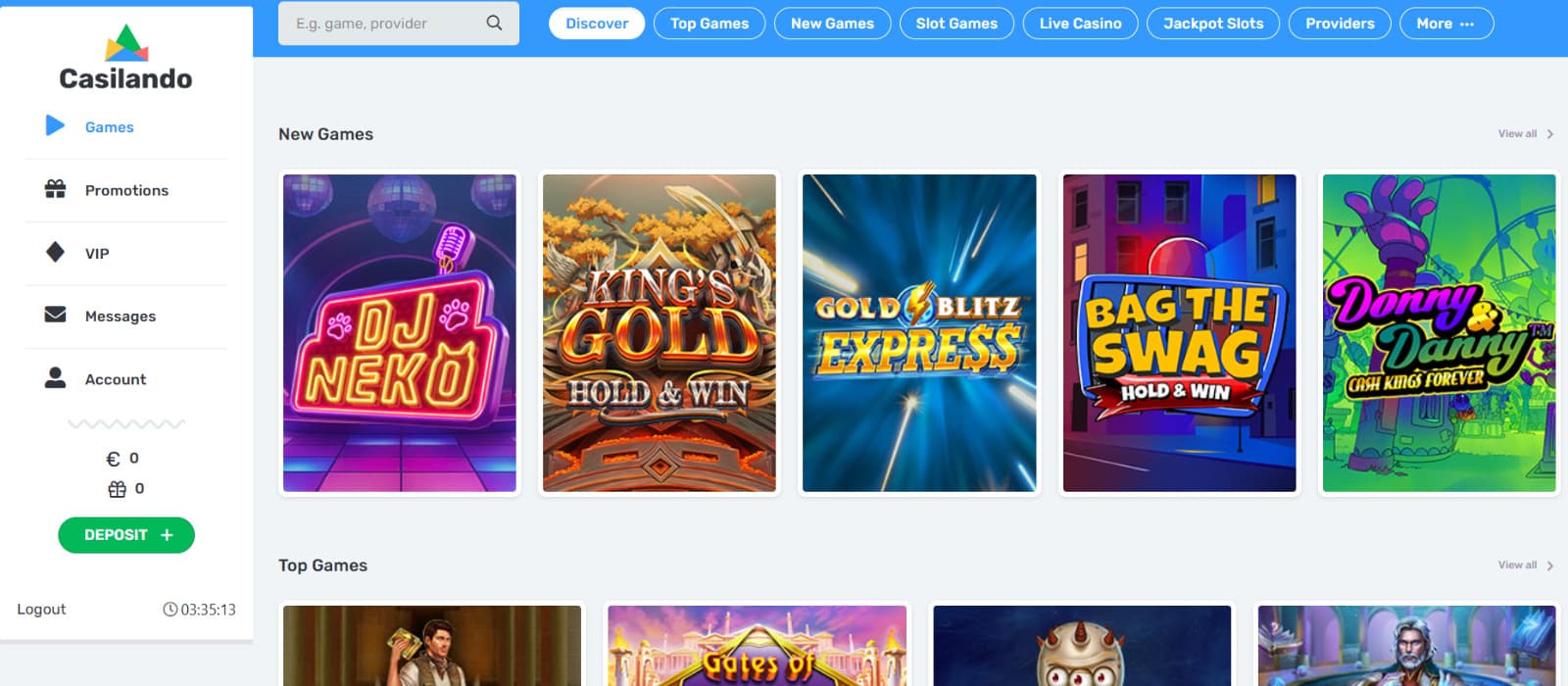 Casilando Casino games page showing new and top slot titles with search bar and category filters.