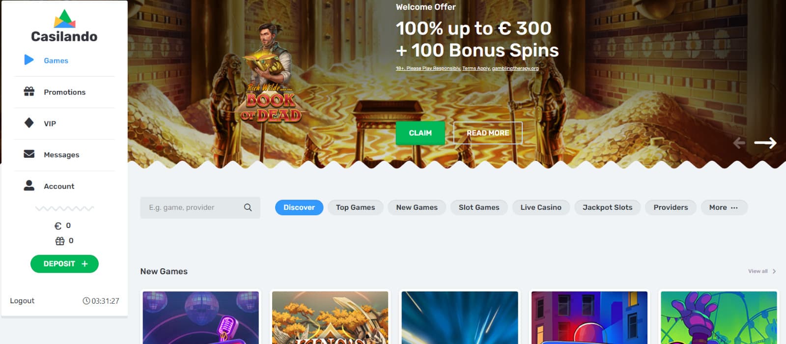 Casilando Casino welcome page with offer banner showing 100% bonus up to €300 and 100 free spins on Book of Dead.