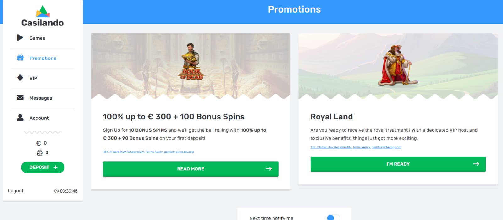 Casilando Casino promotions page displaying the welcome bonus and Royal Land VIP program.