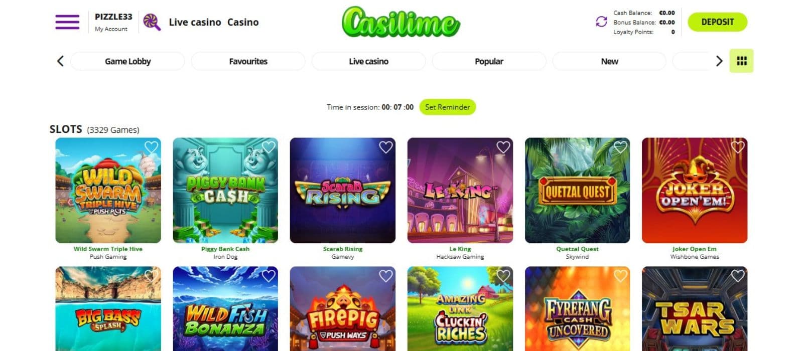 Casilime Casino's slot games category, showing impressive titles like Big Bass Splash and other exciting games.