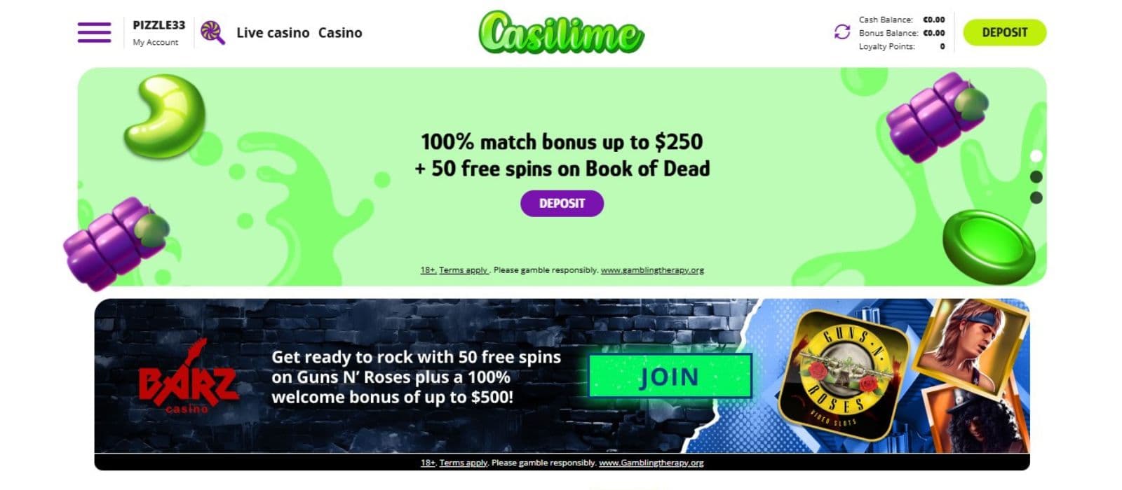 Casilime Casino's landing, showing the first deposit bonus worth up to €250 plus 50 free spins on Book of Dead.