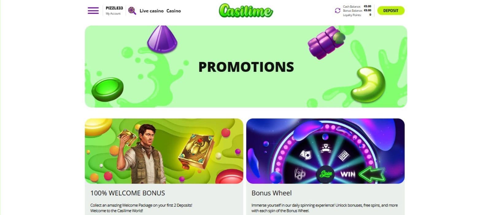 Casilime Casino's promotions page, showing the welcome package and other exciting promotions.