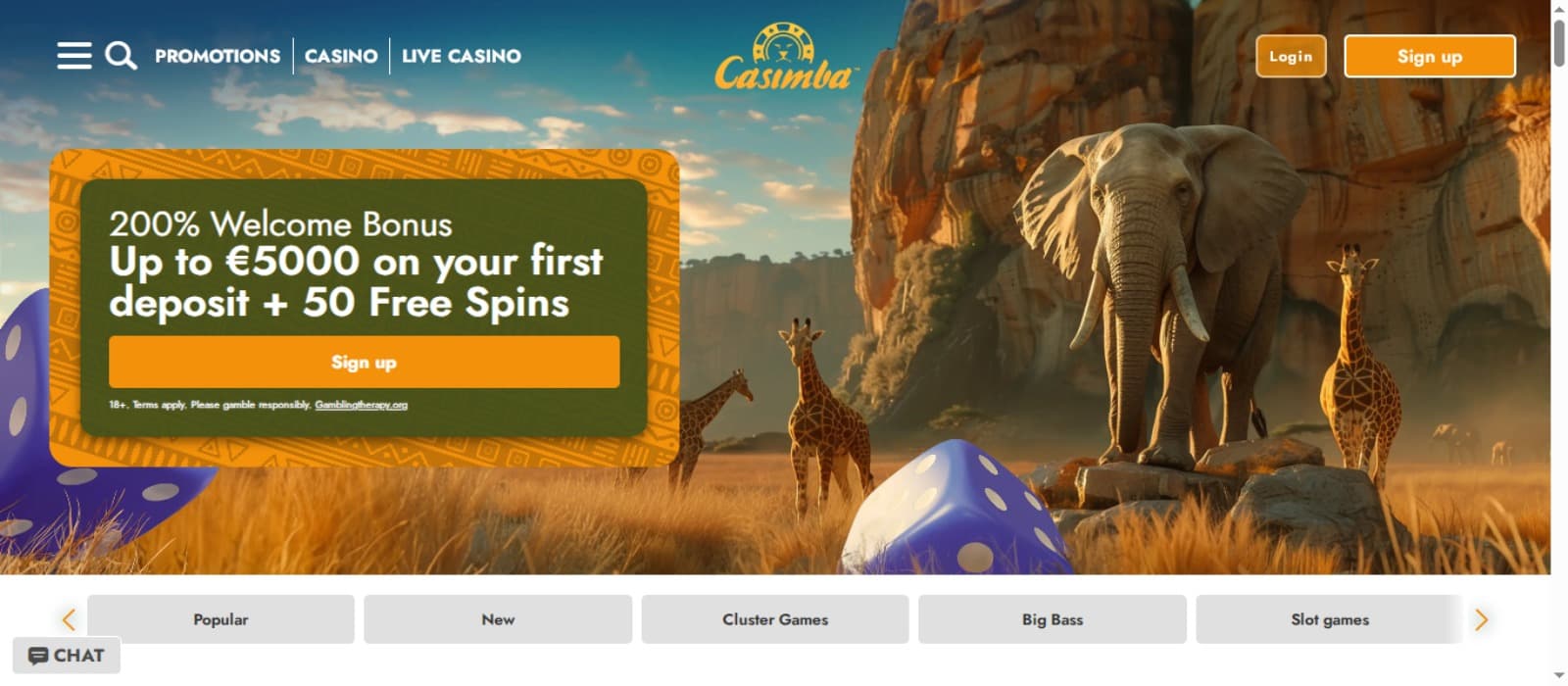 Casimba Casino landing page with the welcome bonus offer banner displaying animated animals with a mountain at the backdrop, top navigation menus and log in option 