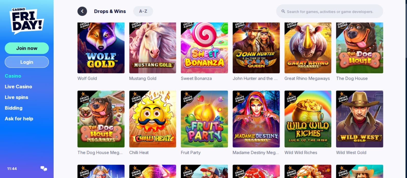 CasinoFriday Casino games page with colorful slot game icons, search bar for game filter and side navigation menus