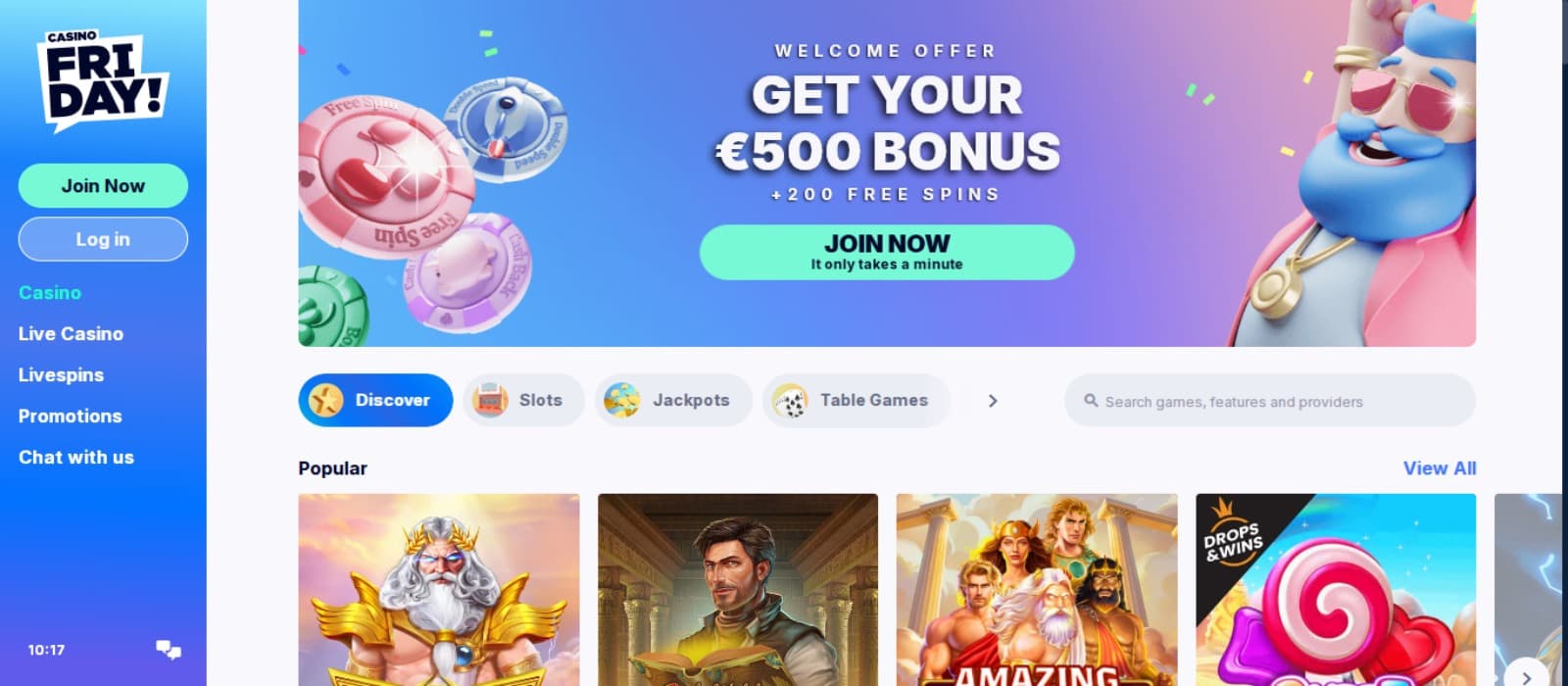 CasinoFriday Casino landing page with the welcome bonus offer banner, slot game icons and side navigation menus