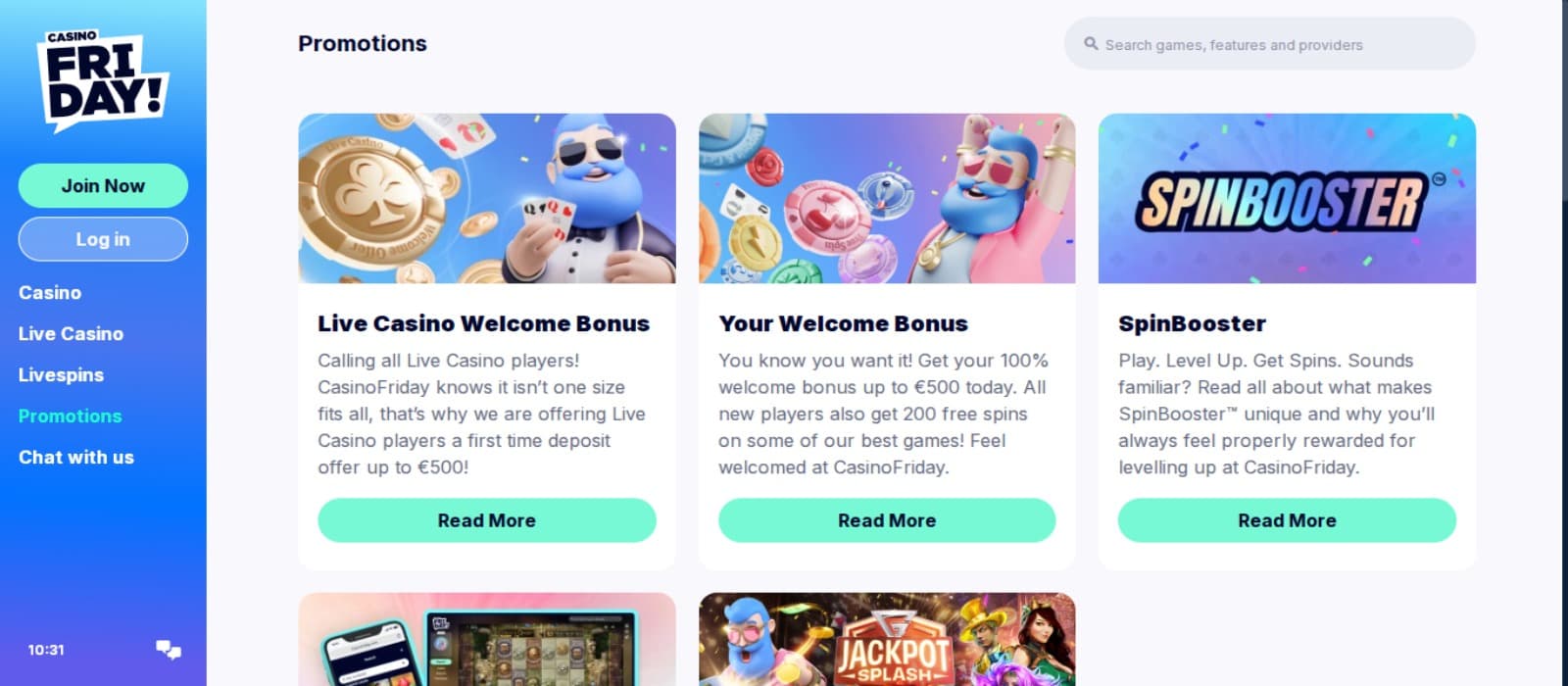 CasinoFriday Casino promotions page with the bonus offer banners and side navigation menus