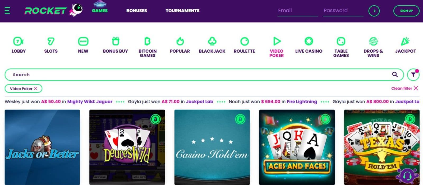 Casino Rocket's video poker page, showing exciting poker titles.