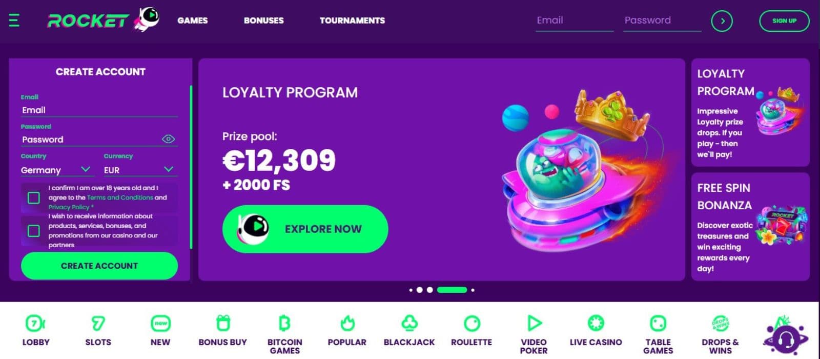 Casino Rocket’s homepage, showing the loyalty program prize pool worth €12,309.