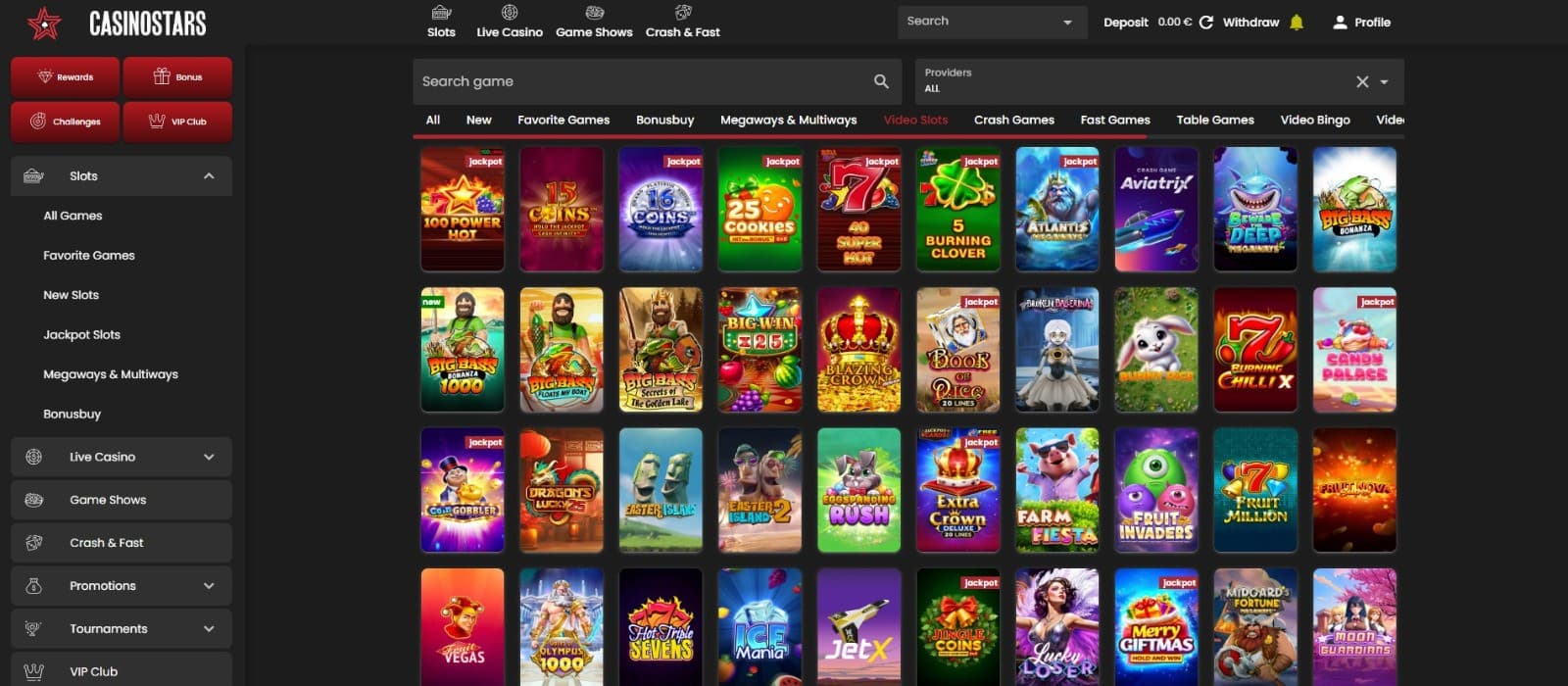 The games page of CasinoStars presents a rich collection of video slots, such as 100 Power Hot, 25 Cookies, and more.