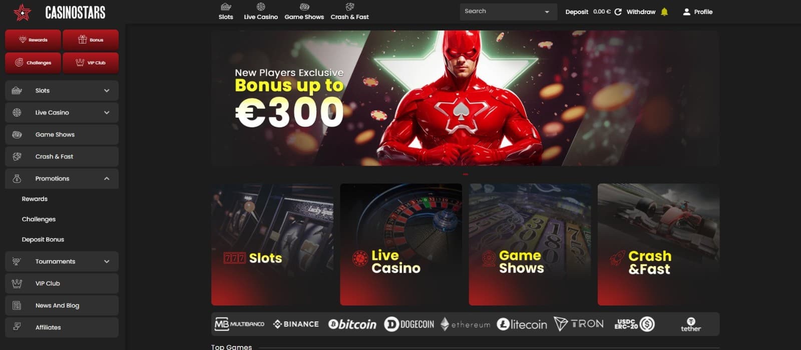 The landing page of CasinoStars showcases the welcome bonus of up to 300 euros.