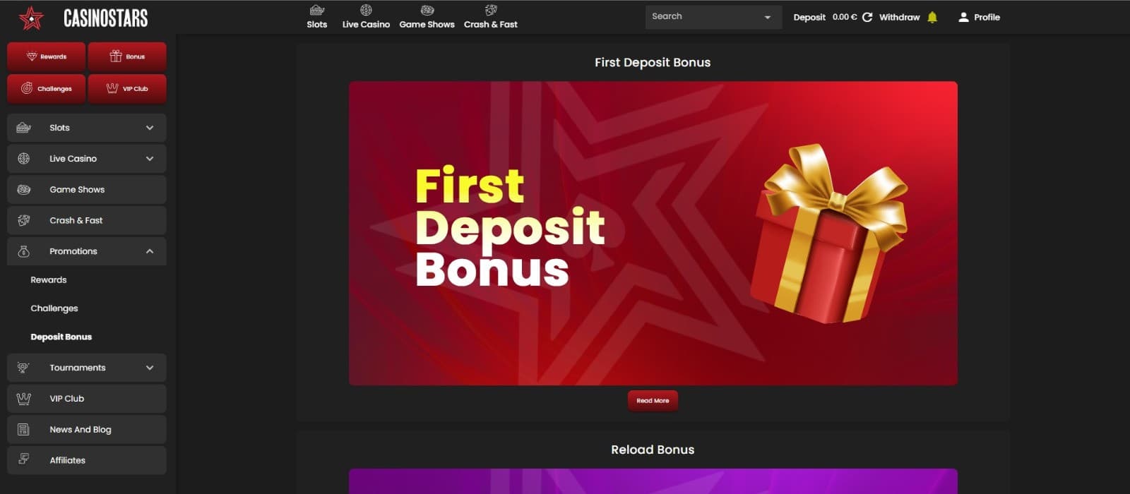  The promotions page of CasinoStars displays the first deposit bonus.