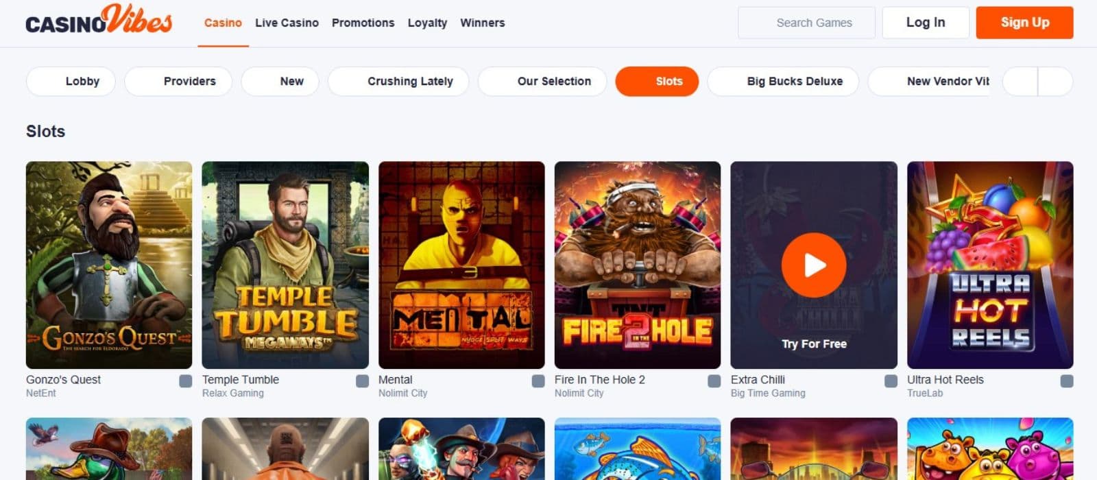 CasinoVibes' slot games section, showing classic titles like Gonzo's Quest and other impressive games.