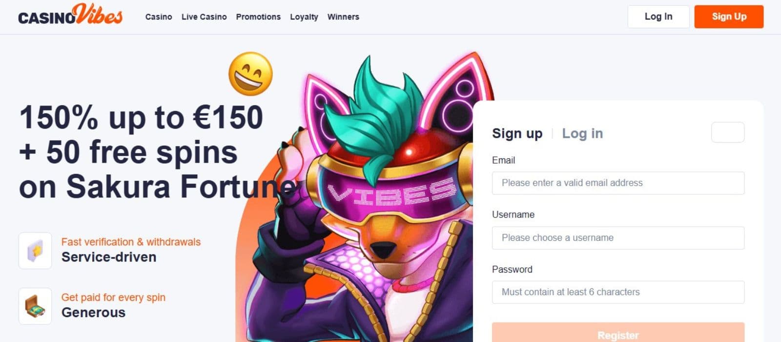 CasinoVibes’ landing page, showing the welcome bonus and a sign-up form.
