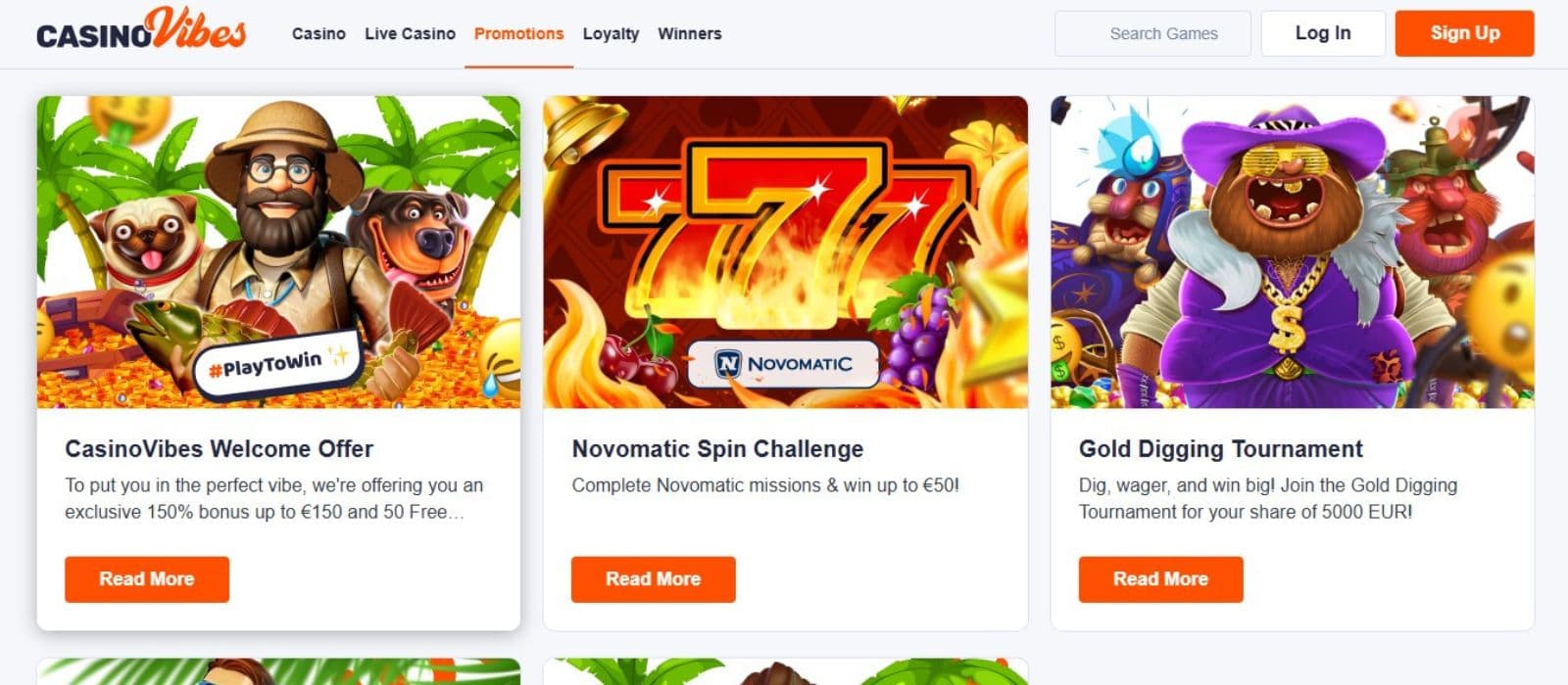 CasinoVibes' promotion page, showing the welcome bonus worth up to €150 and some exciting tournaments.