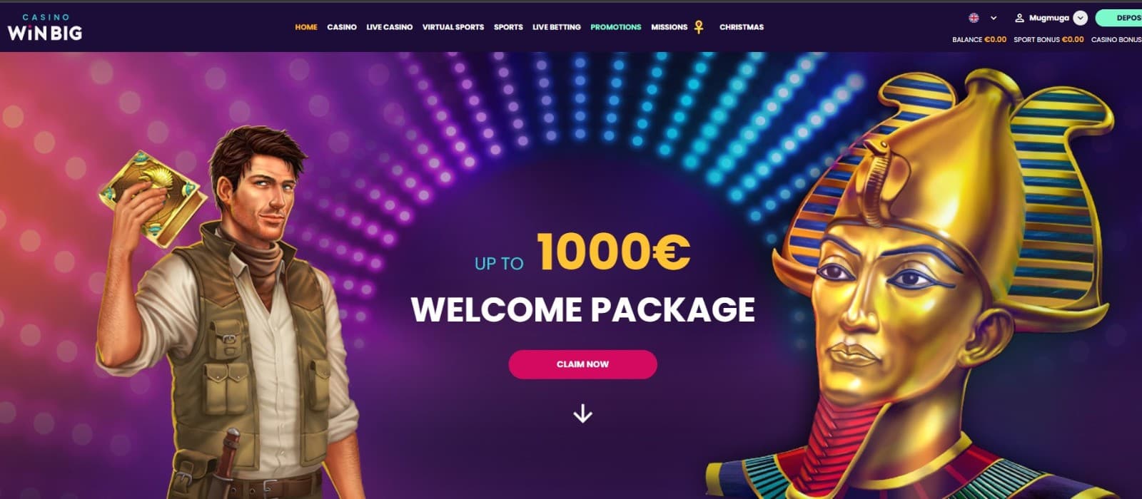 The landing page of CasinoWinBig presents the welcome bonus of up to 1000 euros.