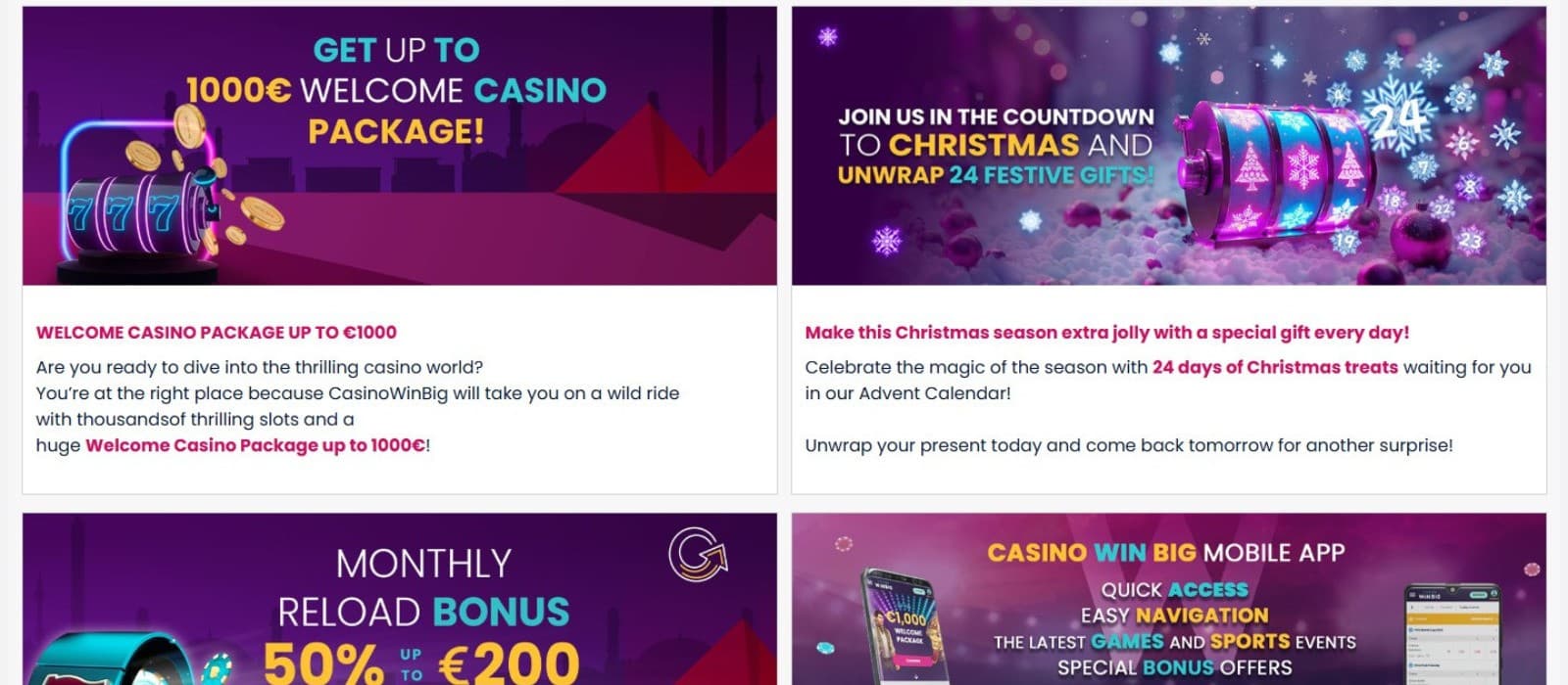 The promotions page of CasinoWinBig shows the range of bonuses, such as the welcome package, christmas bonus, and more.