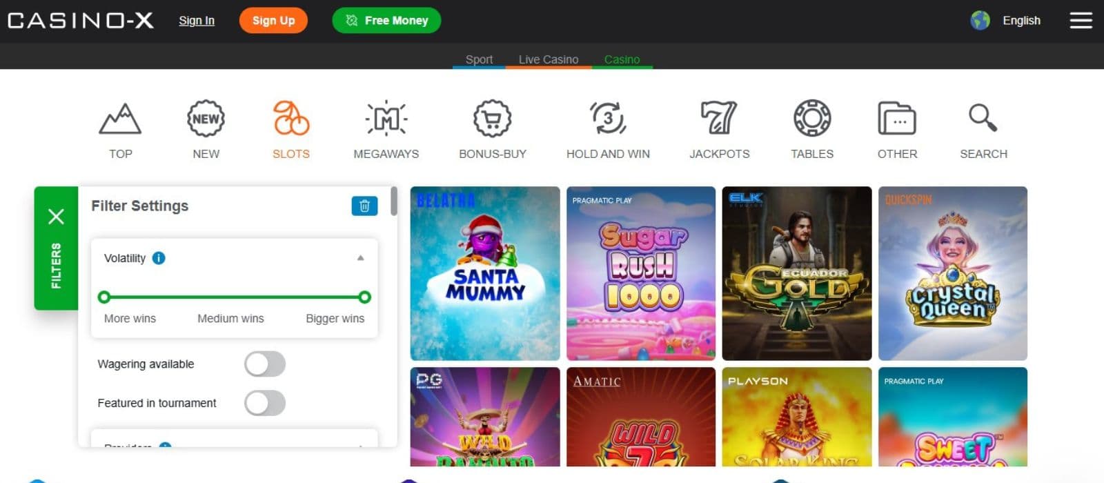 Casino-X's slot games section, showing exciting titles and a filter setting that helps you find your favourite games.