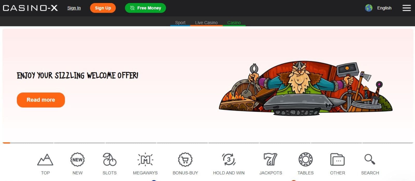 Casino-X homepage with Viking welcome banner and menu tabs for Sports, Live Casino, Slots, Jackpots, and Tables.