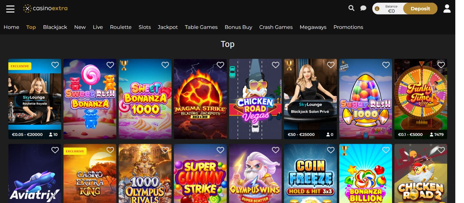 Casino Extra games page showing popular slots and live casino titles arranged in wide rows, with clear thumbnails and easy access to betting ranges and favourites.