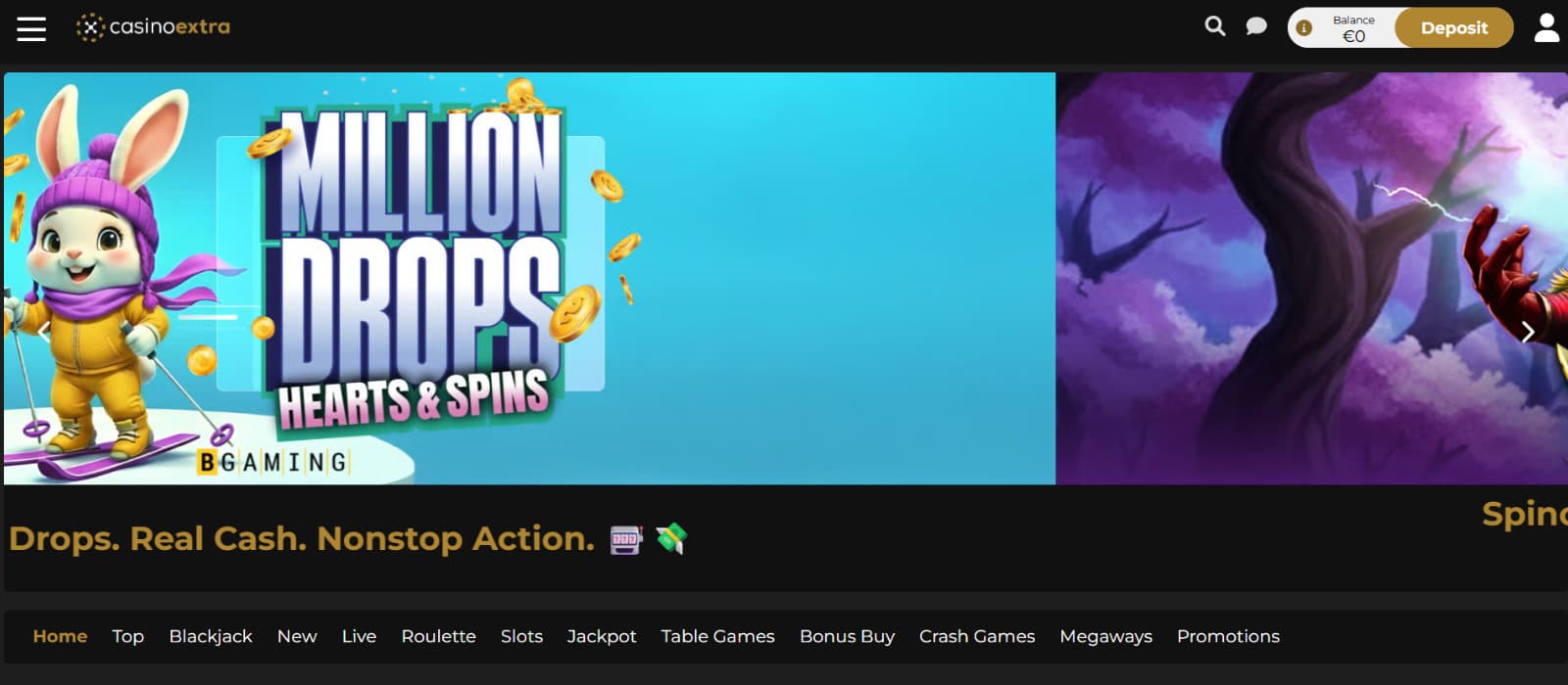 Casino Extra homepage featuring a large promotional banner, dark background with gold accents, and a clean top navigation menu designed for quick access to games and promotions.