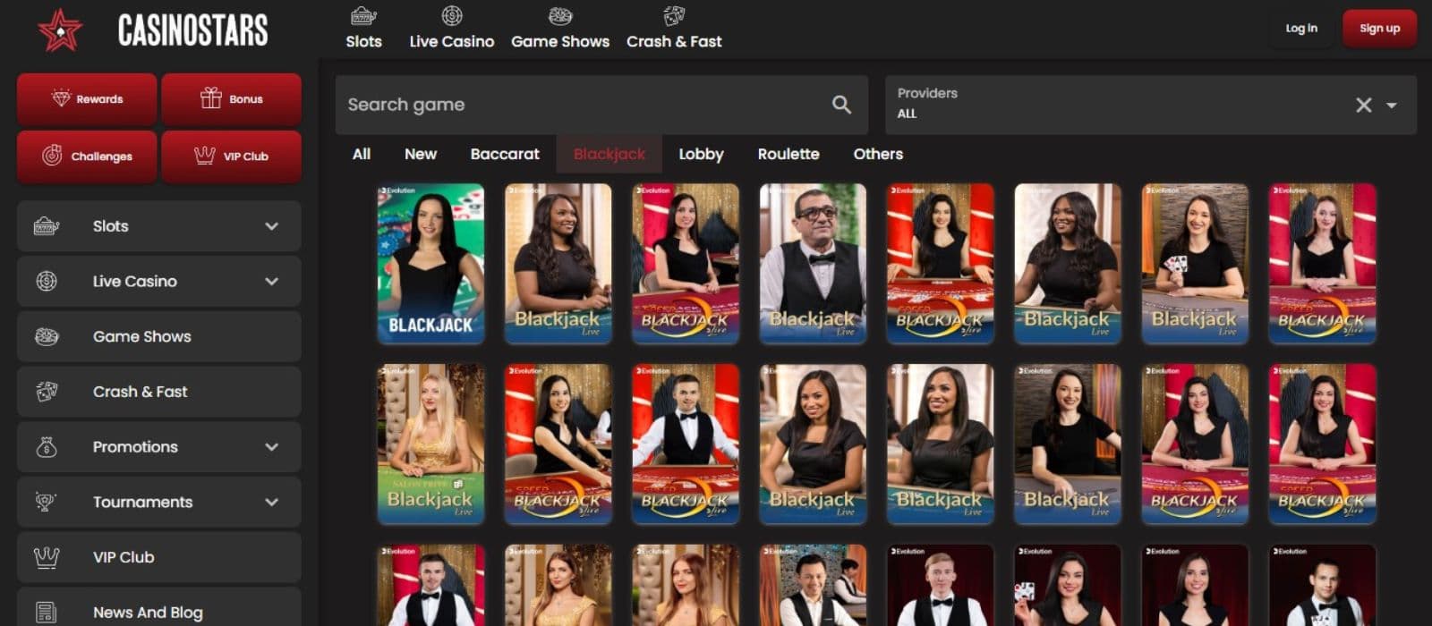 Casinostars' live casino category showing variations of blackjack.
