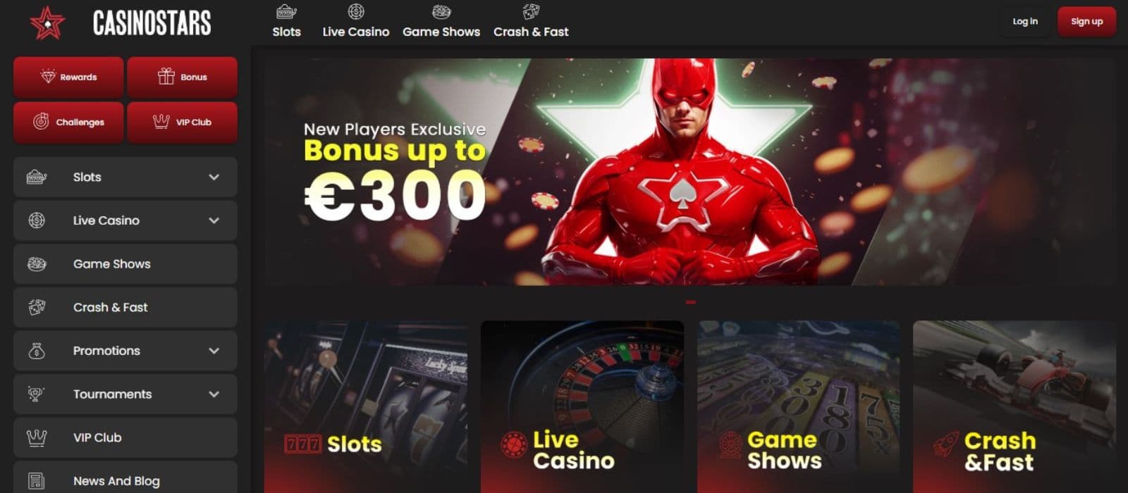 Casinostars’ homepage, showing the welcome bonus worth up to €300 and a sidebar menu.