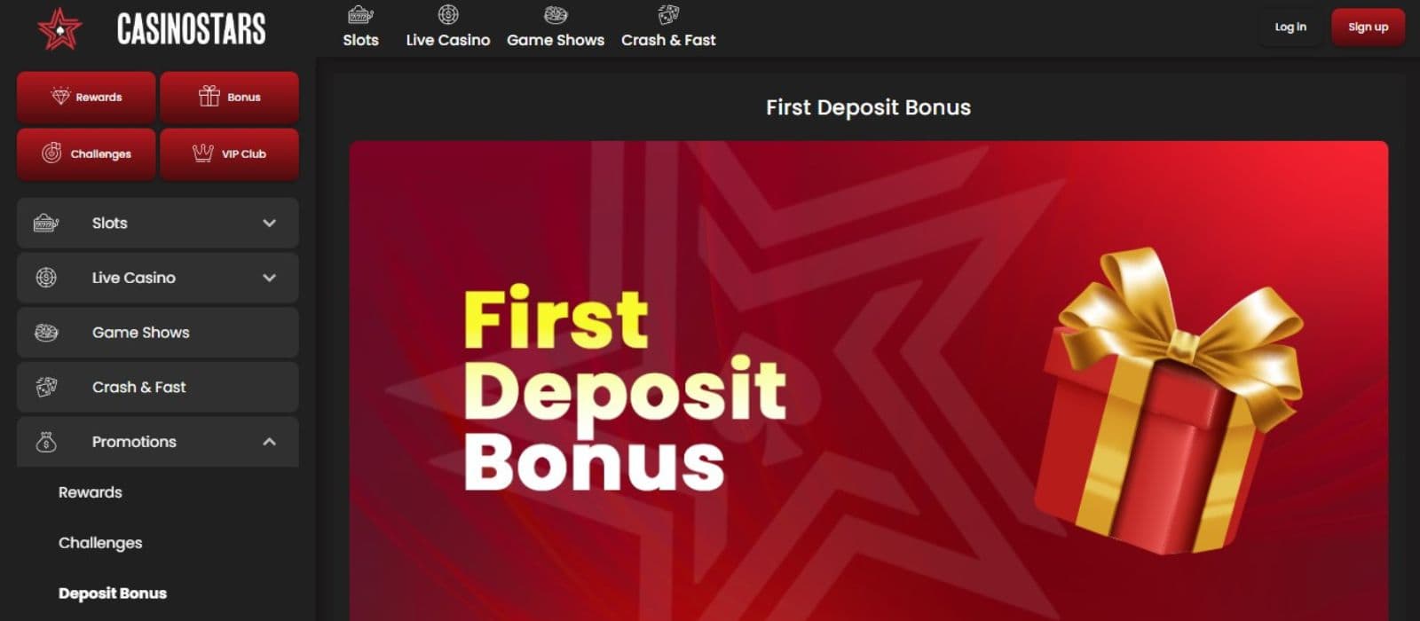 Casinostars' promotion page, showing the first deposit bonus banner with a wrapped gift box.