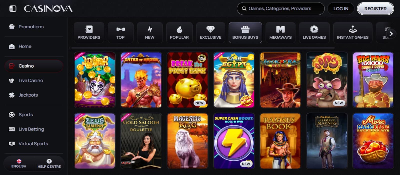 Casinova Casino games page with colorful slot game icons, game categories and side navigation menus