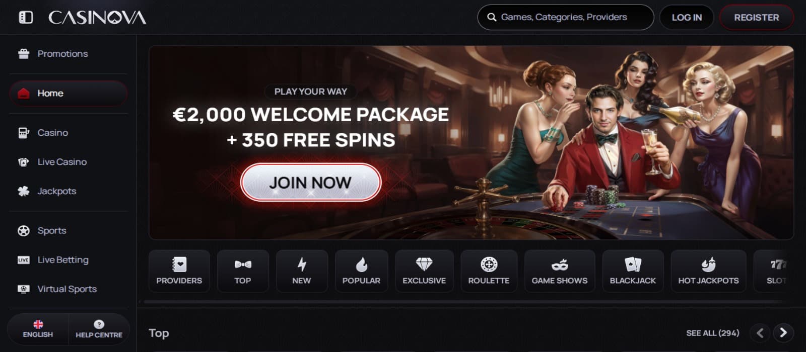 Casinova Casino landing page with the welcome bonus offer banner illustrating a casino with players and cheergirls, side navigational menus and game categories below