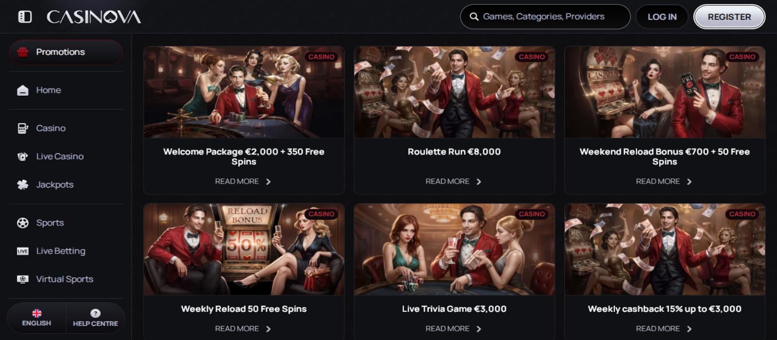 Casinova Casino promotions page with the various bonus offer banners and side navigational menus