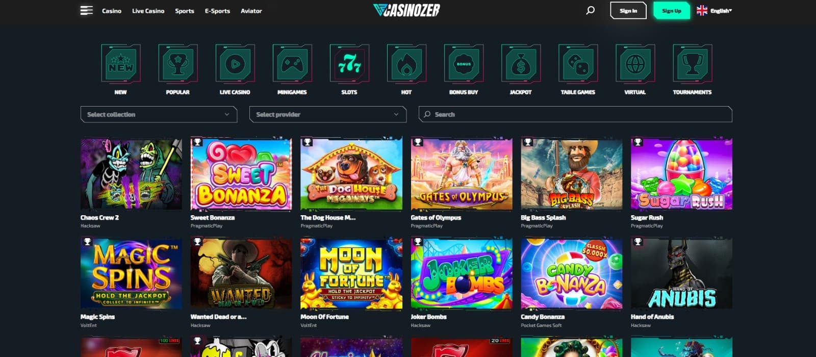The games page of Casinozer displays a big selection of slot games, such as Sweet Bonanza, Chaos Crew 2, and more.