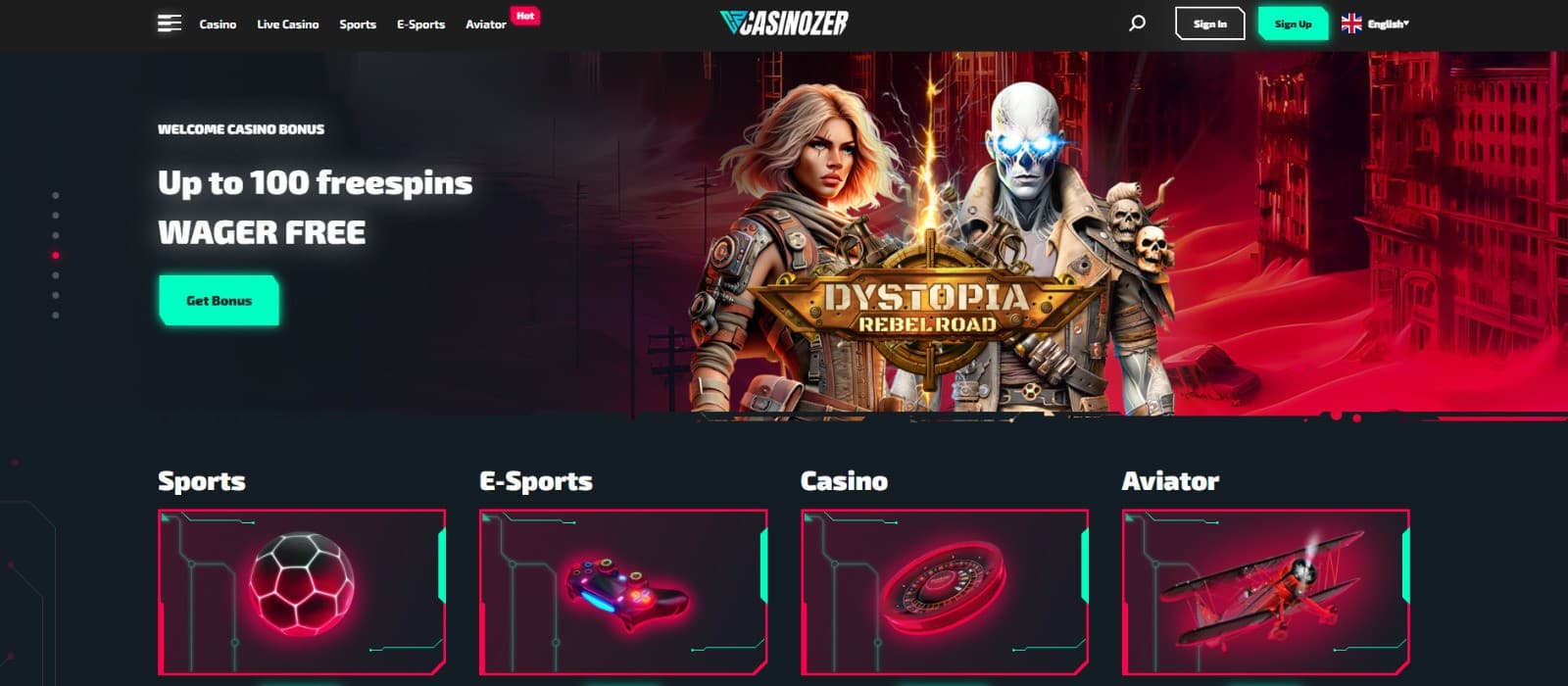 The landing page of Casinozer showcases the welcome bonus of 100 free spins. 