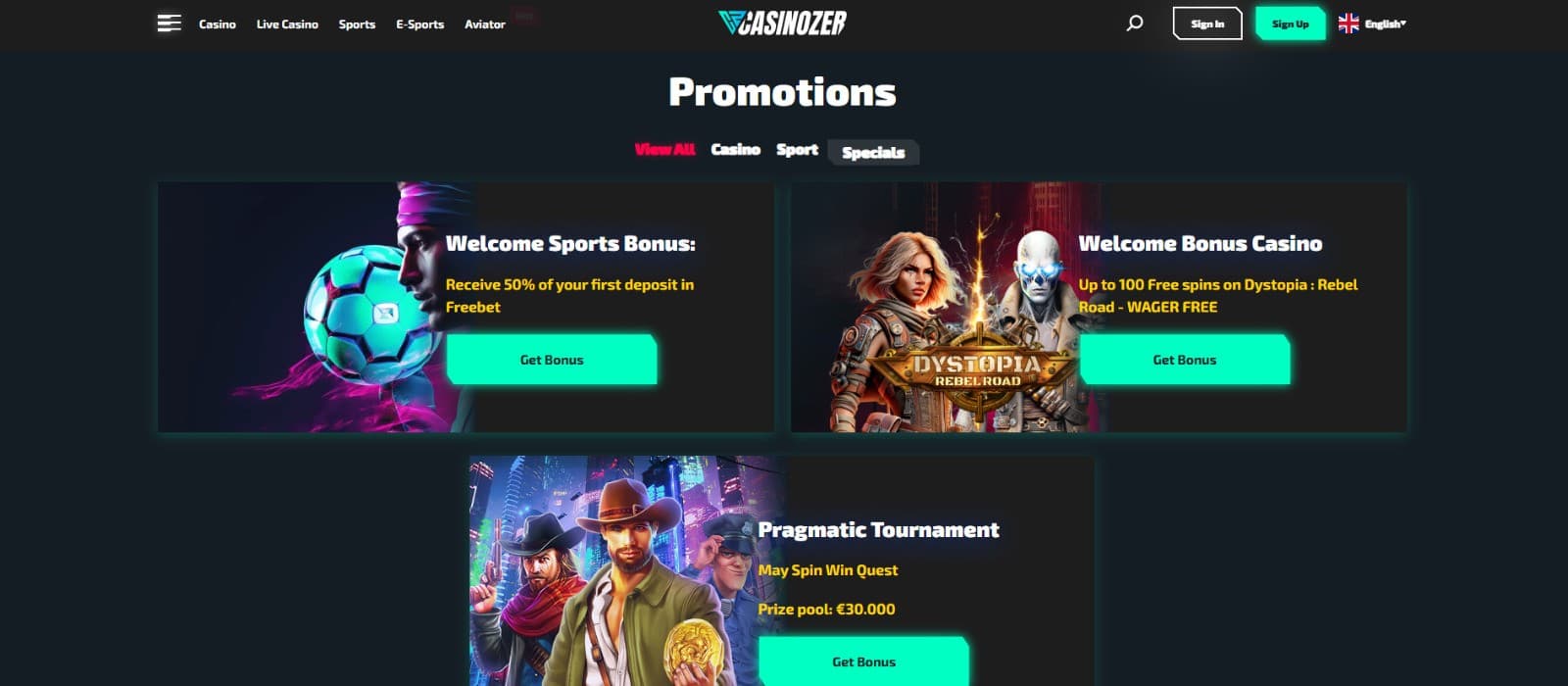 The promotions page of Casinozer showcases the casino bonuses, such as the welcome sports bonus, welcome bonus casino, and more.