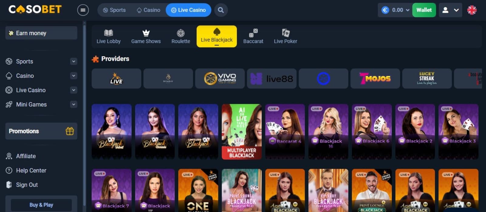 Casobet Casino's live games section, showing variations of blackjack.